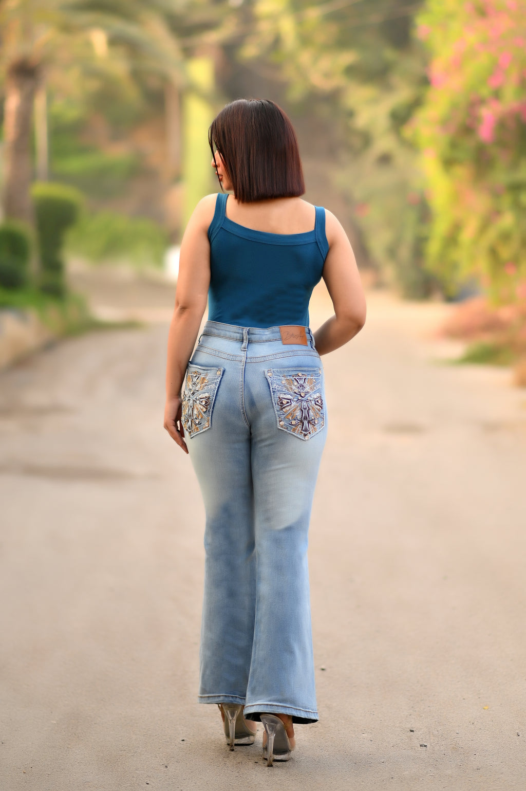 Women's Embroidered Mid Waist Stretch bootcut Blue Denim Jeans