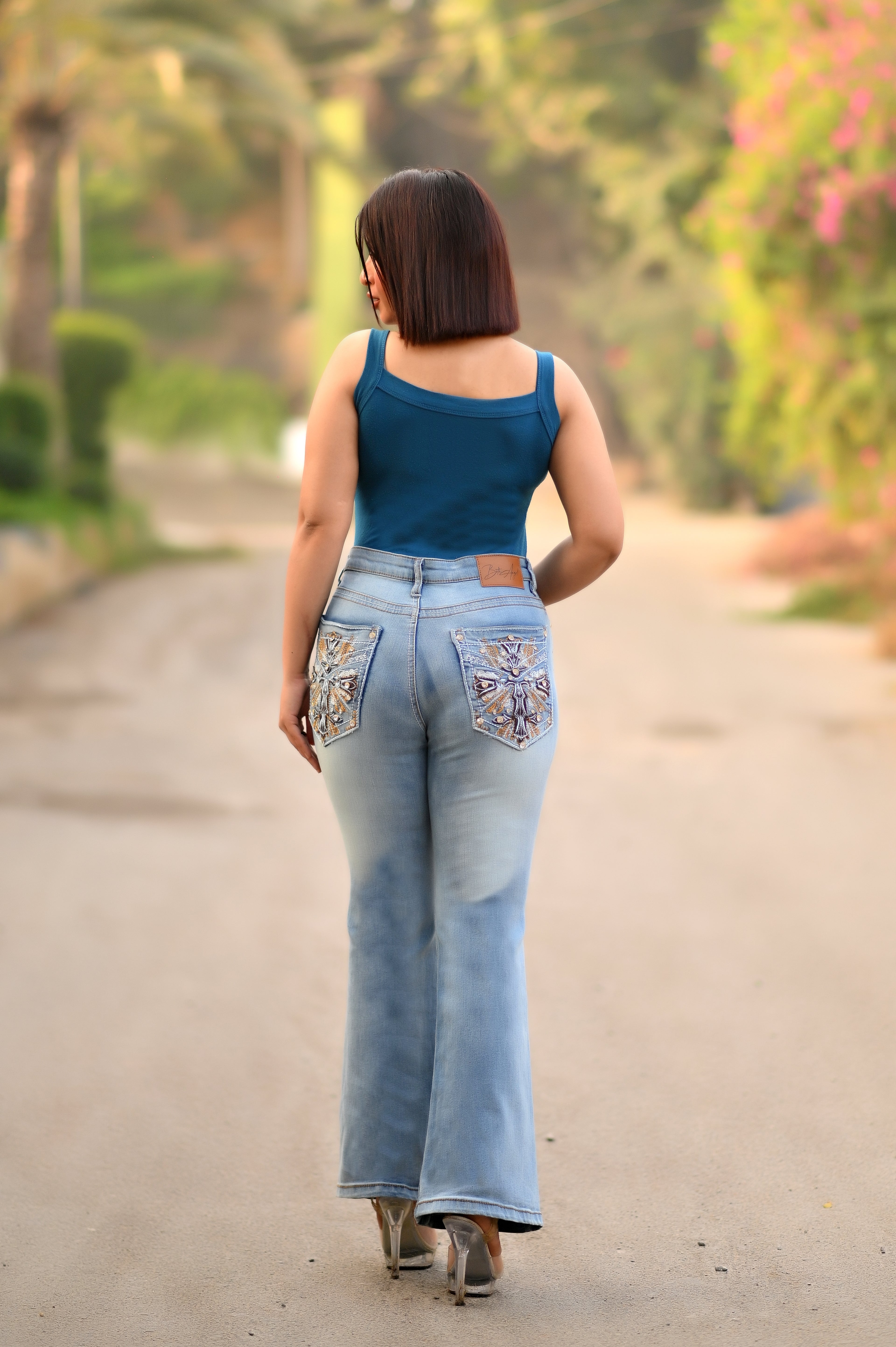 Women's Embroidered Mid Waist Stretch bootcut Blue Denim Jeans