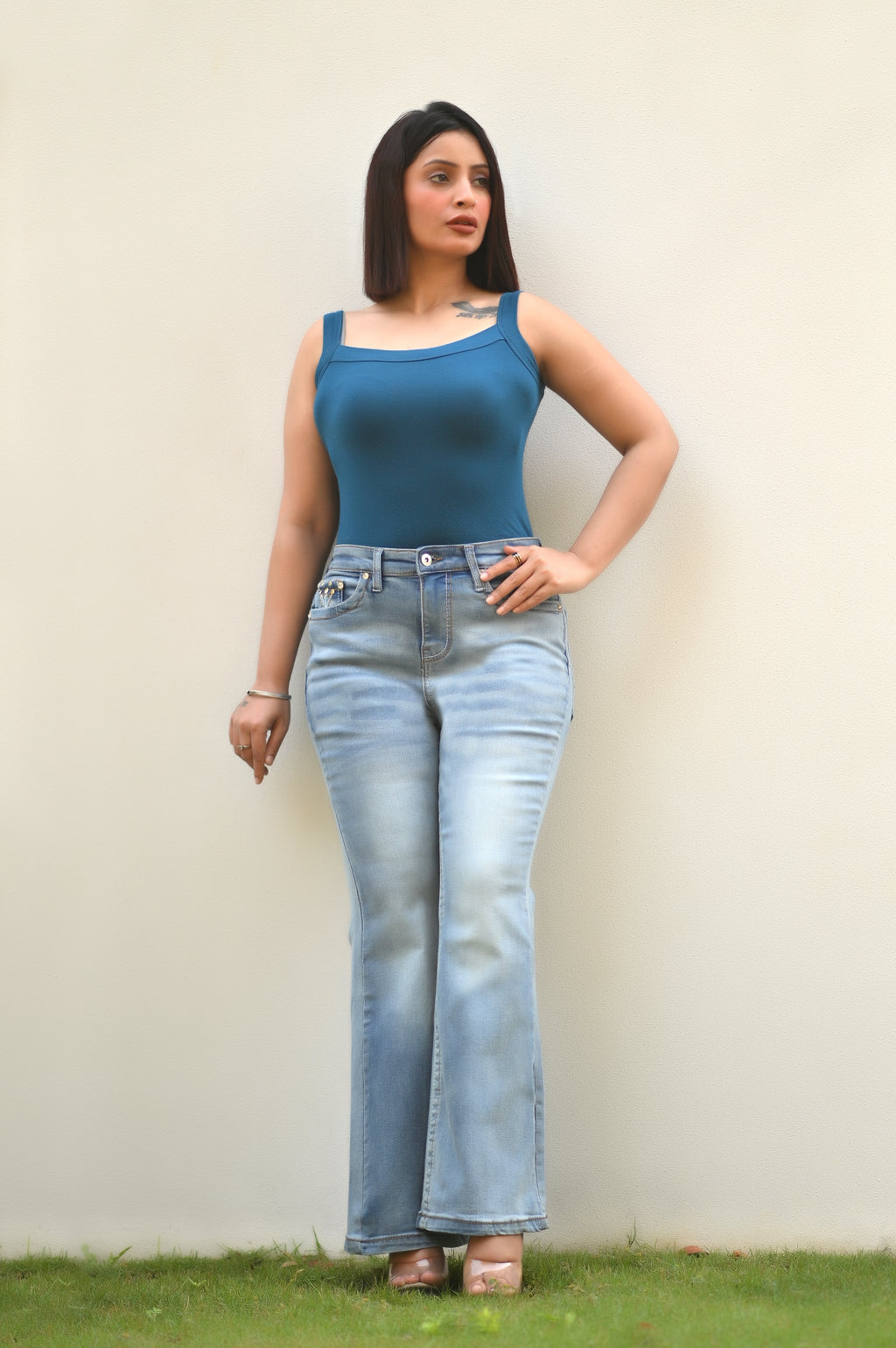 Women's Embroidered Mid Waist Stretch bootcut Blue Denim Jeans