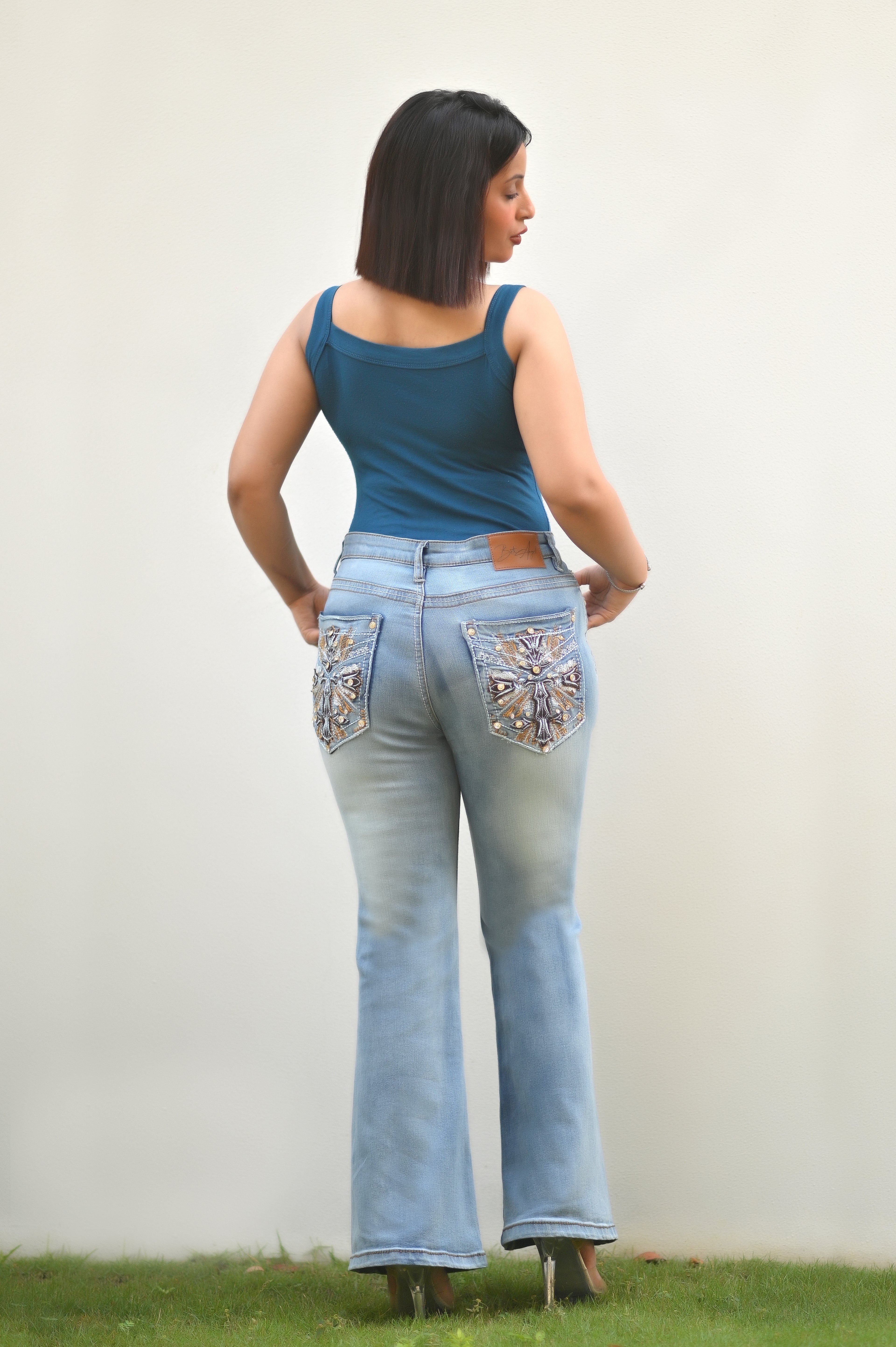 Women's Embroidered Mid Waist Stretch bootcut Blue Denim Jeans