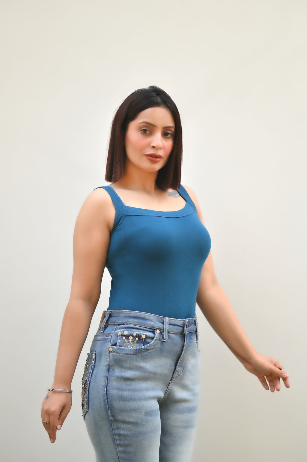 Women's Embroidered Mid Waist Stretch bootcut Blue Denim Jeans