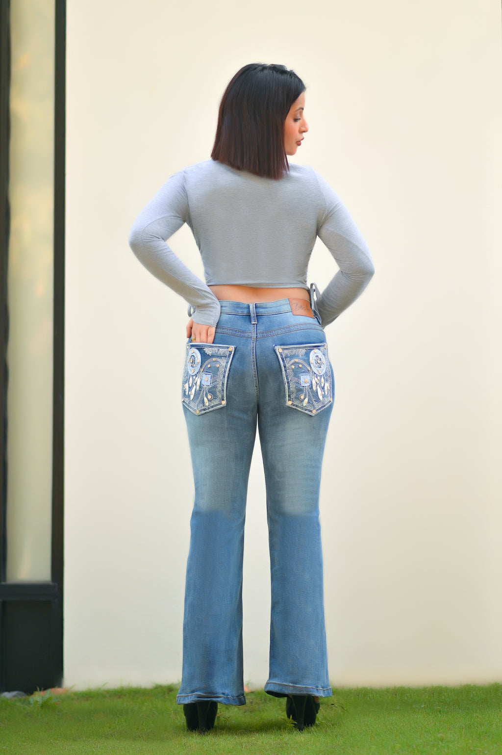 Women's Embroidered Mid Waist Stretch bootcut Blue Denim Jeans