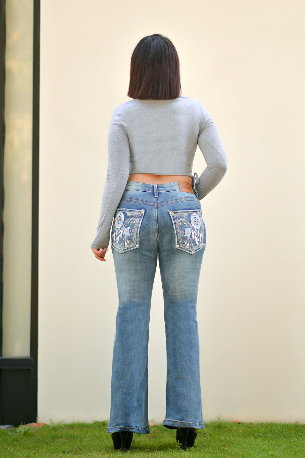 Women's Embroidered Mid Waist Stretch bootcut Blue Denim Jeans