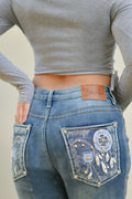 Women's Embroidered Mid Waist Stretch bootcut Blue Denim Jeans