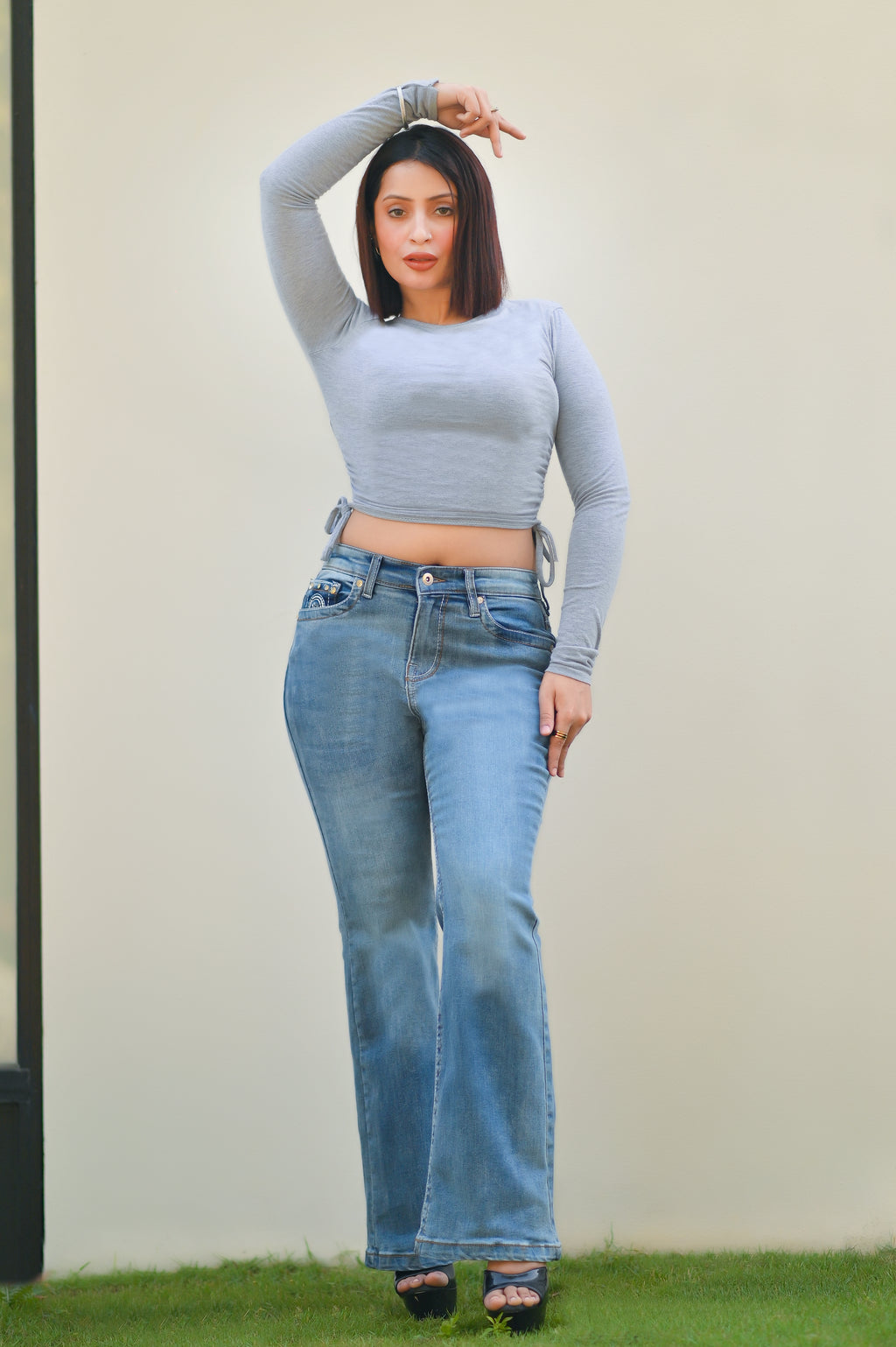 Women's Embroidered Mid Waist Stretch bootcut Blue Denim Jeans