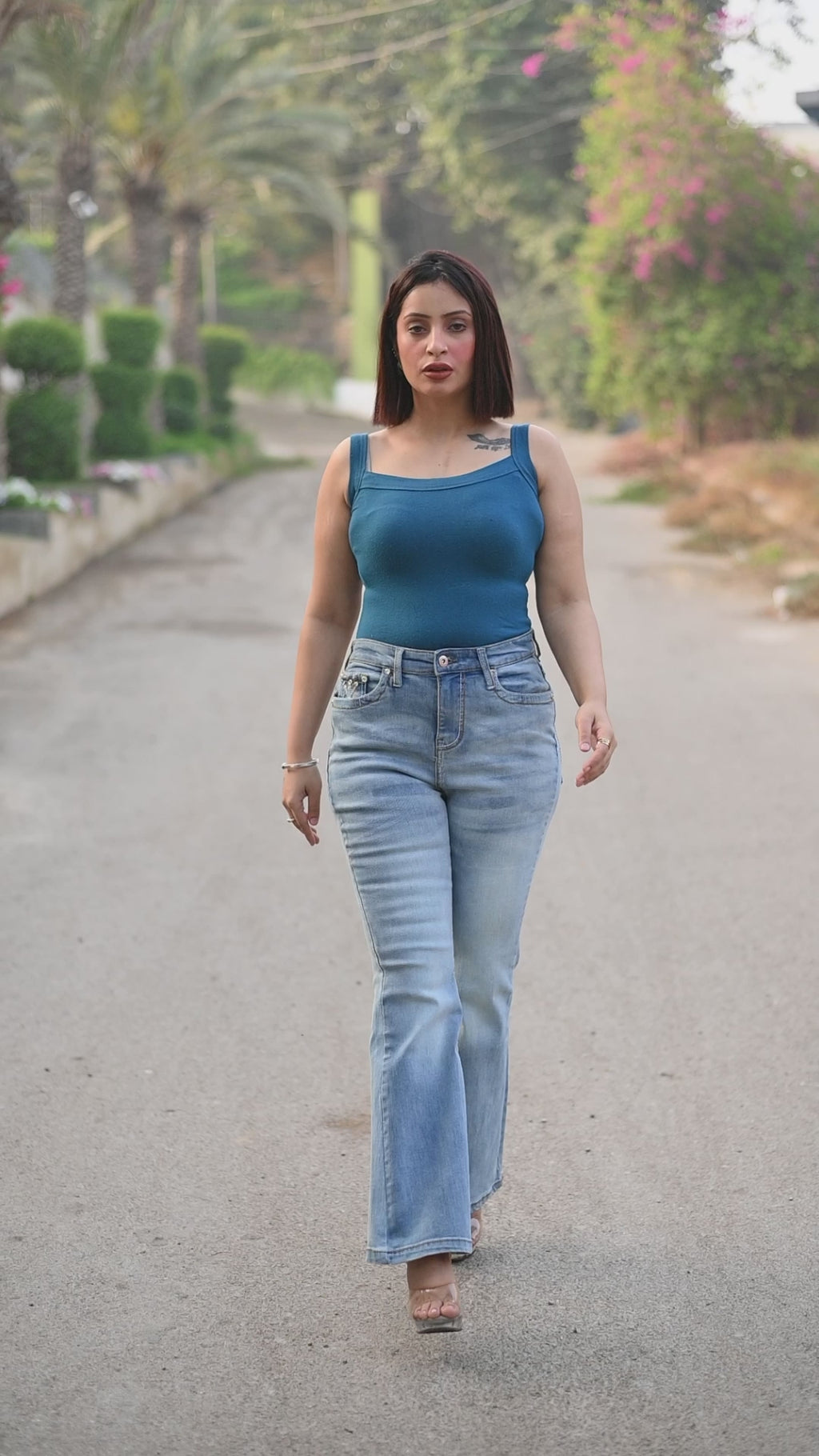 Women's Embroidered Mid Waist Stretch bootcut Blue Denim Jeans